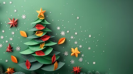Poster - A detailed view of featuring a large content area for writing a colorful paper Christmas tree with branches and snowflakes on a green backdrop, Generative AI.