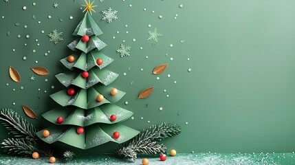 Poster - A detailed view of featuring a large content area for writing a colorful paper Christmas tree with branches and snowflakes on a green backdrop, Generative AI.
