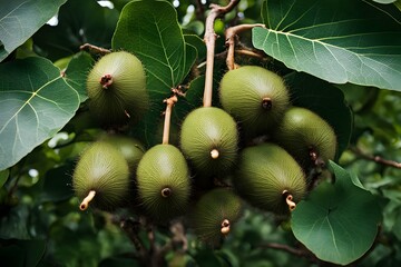 Wall Mural - A branch of fresh kiwis surrounded by dark green leaves in a tropical orchard, Ai Generated