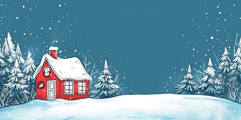 Poster - An up-close view of a toy house and a drawn manually vector artwork of Christmas featuring snow on a blue background with a large text area, Generative AI.