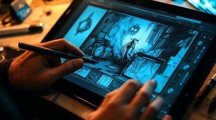 Close-up of hands using a digital pen on a tablet showing a mockup, with sketches around