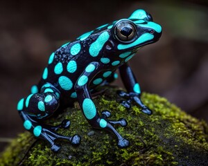 Wall Mural - Vibrant blue and black poison dart frog perched on moss covered rock.