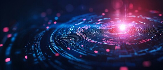 Poster - A vibrant swirl of digital data elements radiating from a central glow, representing technology, innovation, and information flow in a futuristic setting.
