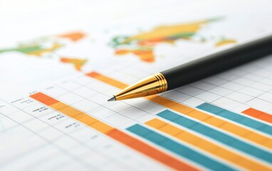 Poster - a pen rests on a vibrant financial graph showcasing colorful bars and a world map, emphasizing data 