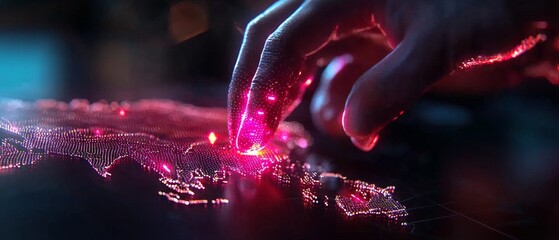 Poster - A hand reaches toward a glowing, digital map, showcasing vivid points of light that represent data or connections.