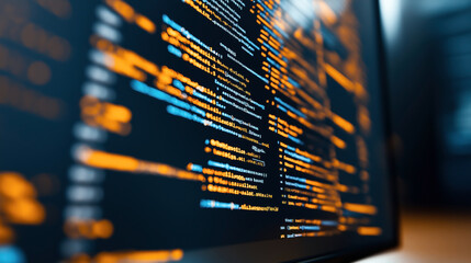 close-up of a computer screen displaying colorful lines of code focused on software development prog