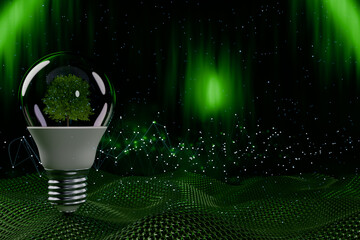 Poster - A glowing light bulb with a tree inside, set against a green aurora backdrop, symbolizing ecofriendliness. 3d rendering