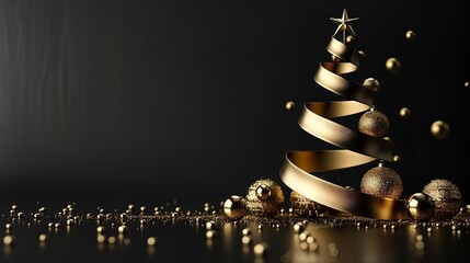 Poster - An in-depth view of on a smooth black background with a large text area for backdrop utilize a golden ribbons is twisted into the shape of a Christmas tree and Christmas balls, Generative AI.