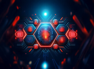 Poster - A glowing blue fingerprint surrounded by red hexagonal shapes in a futuristic, digital environment.