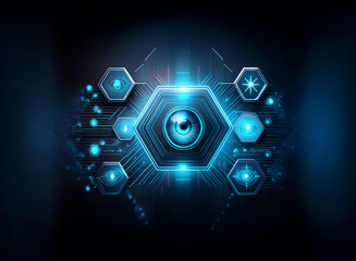 Poster - A glowing blue eye in the center of a hexagonal shape with other hexagonal shapes surrounding it.