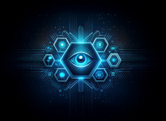Poster - A stylized eye within a hexagon, surrounded by other hexagons containing abstract symbols, sits in the center of a dark, technological background.