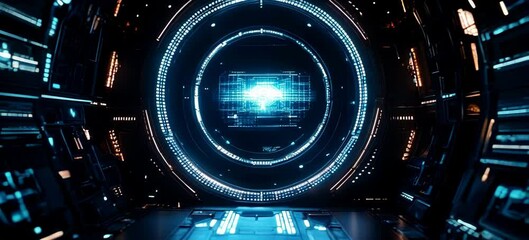 Poster - Circular network system virtual space portal technology background. Generative video AI technology.	
