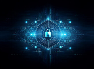 Aufkleber - A glowing blue padlock sits in the center of a digital hexagonal shield.