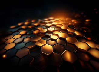 Poster - A dark background with a glowing orange light shines on a field of gold and black hexagonal shapes.