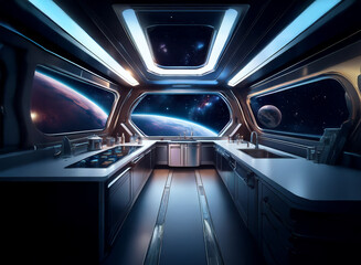 Poster - A futuristic kitchen with large windows looking out at a vast space scene with planets and stars.
