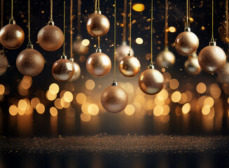 Poster - Golden Christmas ornaments hang from the ceiling against a sparkling background.