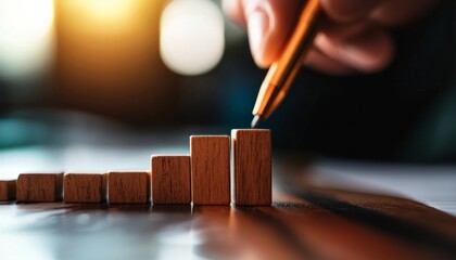 Poster - a hand holding a pencil graphs wooden blocks ascending in height, symbolizing growth, progress, and 