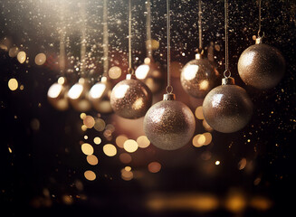 Aufkleber - A cluster of gold Christmas ornaments hang against a dark background with sparkling lights and falling glitter.
