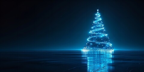 Aufkleber - An up-close view of a Christmas tree silhouette and presents made of blue neon light trails set on an elegant black background featuring plenty of area for text, Generative AI.