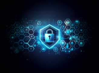 Poster - A glowing blue padlock inside a shield is surrounded by a futuristic digital background of hexagons and abstract symbols.