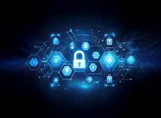 Poster - A glowing blue padlock icon sits in the center of a hexagonal network of security icons against a dark background.