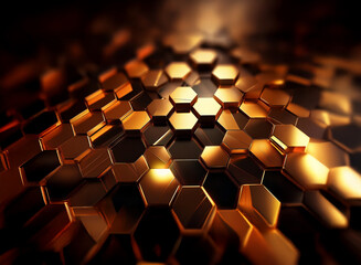 Poster - A metallic, hexagonal pattern, reminiscent of a honeycomb, gleams in the light, creating a visually compelling abstract image.