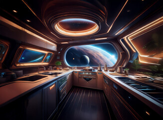 Poster - A futuristic kitchen with a large window overlooking a space station and a distant planet.