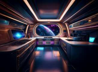 Poster - A futuristic kitchen with a large window overlooking a distant planet, featuring a sleek design, state-of-the-art appliances, and colorful lighting.