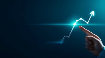 Poster - a hand points towards a glowing upward trend line on a dark background, symbolizing growth, success,