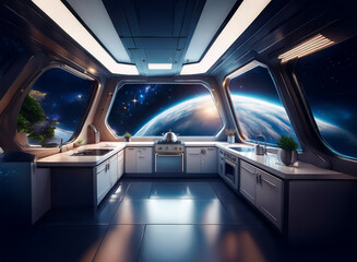 Poster - A modern kitchen with large windows overlooking a distant planet.