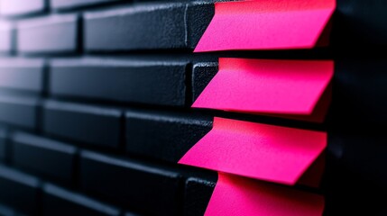 Poster - A close-up image featuring vibrant pink sticky notes adhered to a textured black brick wall, creating a striking visual contrast.