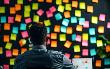Poster - A person sits in front of a computer, surrounded by a colorful wall of sticky notes, suggesting brainstorming and creative thinking.