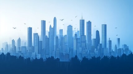 Wall Mural - a panoramic view of a modern city skyline with skyscrapers silhouetted against a blue sky.