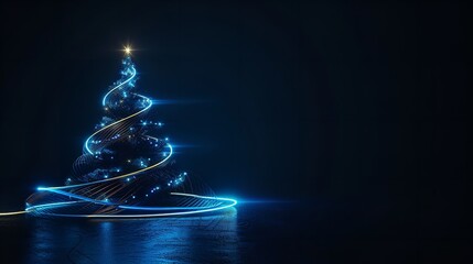 Aufkleber - An up-close view of a Christmas tree silhouette and presents made of blue neon light trails set on an elegant black background featuring plenty of area for text, Generative AI.