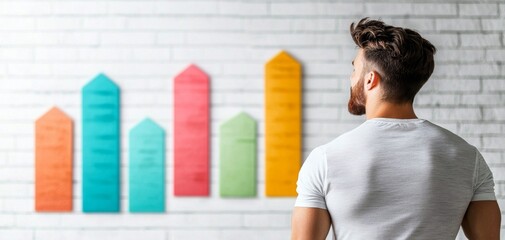 Poster - A man observes colorful bar graphs on a white brick wall, signifying data analysis and progress visualization.