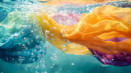 Poster - Colorful Fabrics Flowing Beneath Water Surface with Air Bubbles Creating a Magical Underwater Scene of Vibrant Textiles and Fluid Motion
