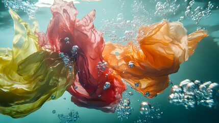 Poster - Colorful Fabrics Flowing Elegantly Underwater with Air Bubbles in a Serene Blue Background, Creating a Dreamy and Ethereal Atmosphere