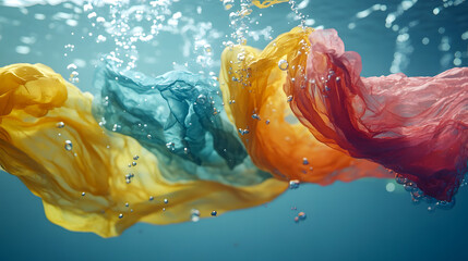 Poster - Colorful Flowing Fabrics Underwater: A Captivating Dance of Light and Movement with Air Bubbles Amidst Vibrant Textures and Ethereal Shades of Blue, Yellow, Orange, and Red