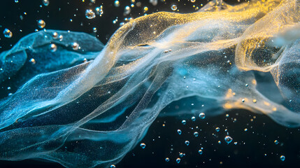 Poster - Abstract Fluid Motion with Bubbles and Colorful Textures Creating a Dreamlike Underwater Environment in Shades of Blue and Gold
