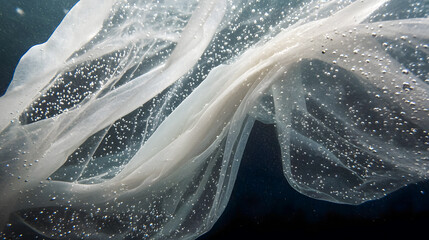 Poster - Ethereal Movement of Transparent Fabric Underwater Creating Captivating Bubbles and Waves in Subtle Light with a Dreamlike Aesthetic
