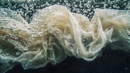 Poster - Ethereal Floating Fabric Bubbles Underwater in a Chaotic Dance of Light and Air Creating a Dreamlike Atmosphere of Serenity and Motion
