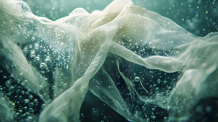 Poster - Ethereal Movement of Delicate Fabric Underwater with Bubbles and Light Diffusion Creating a Dreamy and Serene Aquatic Atmosphere