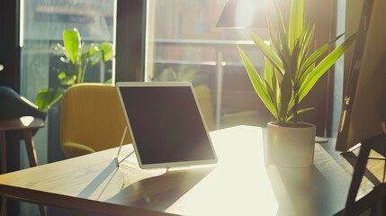 Poster - Bright and Inviting Home Office with Modern Tablet, Green Plant, and Cozy Chair, Capturing Warm Natural Light in a Stylish Workspace