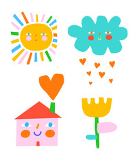 Wall Mural - cute nursery vector art. smiling sun with colorful rays. blue cloud with rain of hearts. yellow tuli