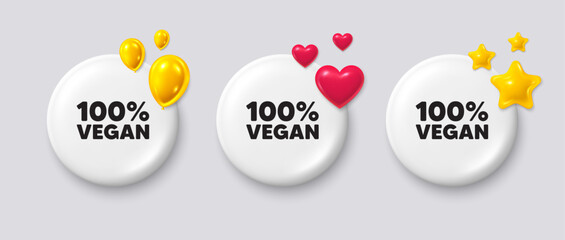 Poster - white buttons with 3d icons. 100 percent vegan tag. organic bio food sign. vegetarian product symbol