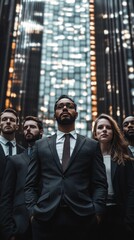 Poster - A group of men and women in suits stand in front of a tall building
