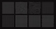 © Your Local Llamacorn - Distorted grid seamless patterns, retro futuristic wireframe. White linear geometric grids, lattice or mesh with distortion effect, abstract wavy line checkered background vector set