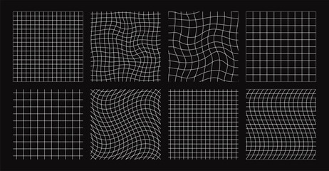 distorted grid seamless patterns, retro futuristic wireframe. white linear geometric grids, lattice 