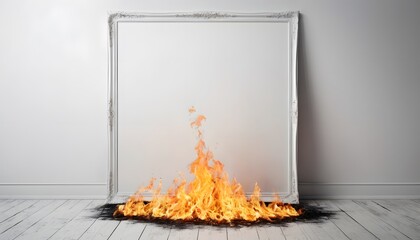Poster - Empty White Poster Frame Against a Fiery Background, Perfect for Showcasing Your Artwork, Advertisements, or Inspirational Quotes