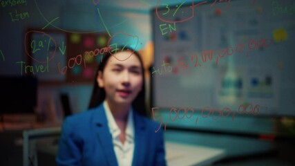 Poster - Businesswoman in a blue suit is explaining data on a transparent board. She is pointing at the board with a pen and appears to be giving a presentation
